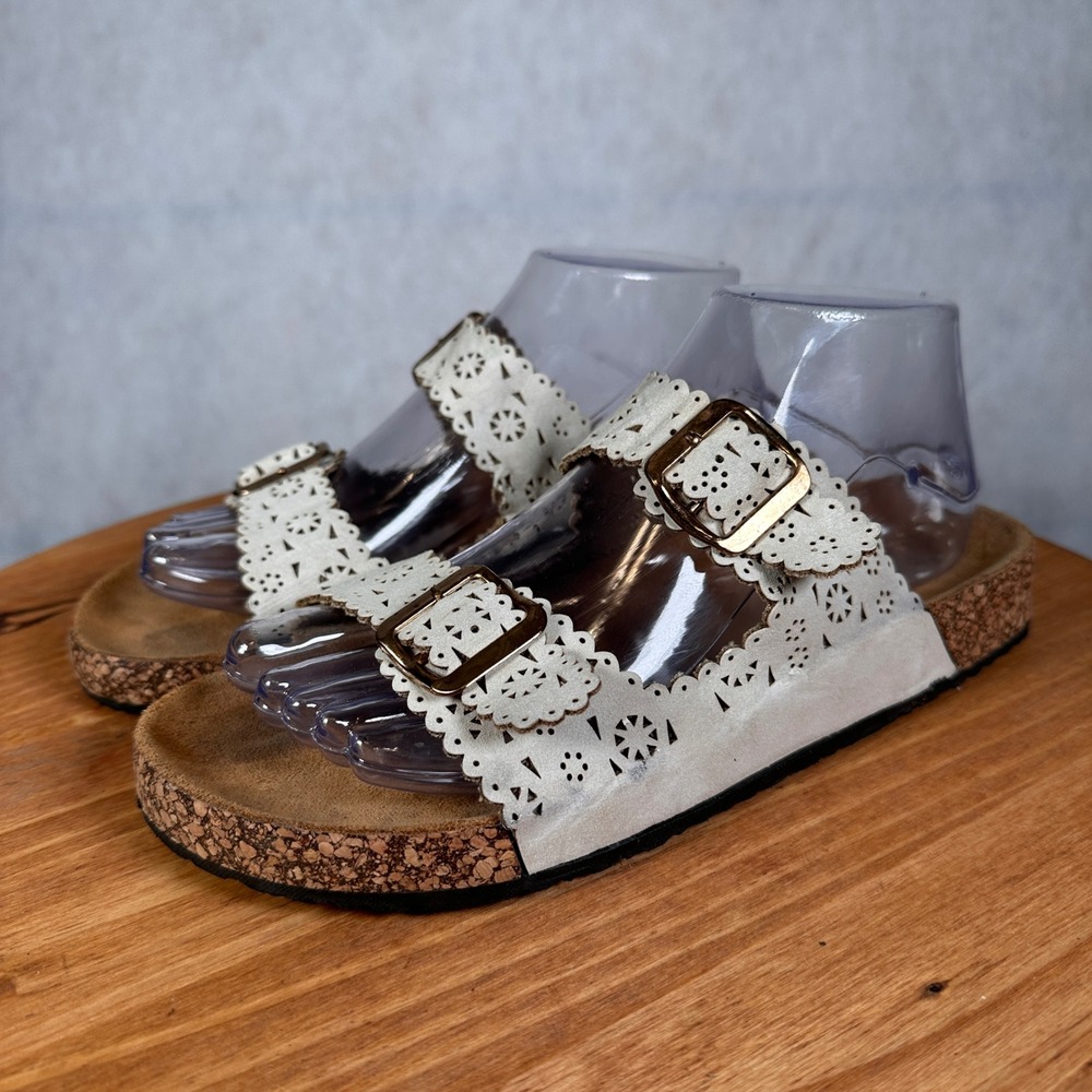 Twisted Eyelet Slide Sandals Womens 9 Cream Good Boho Laser Cut Double Strap